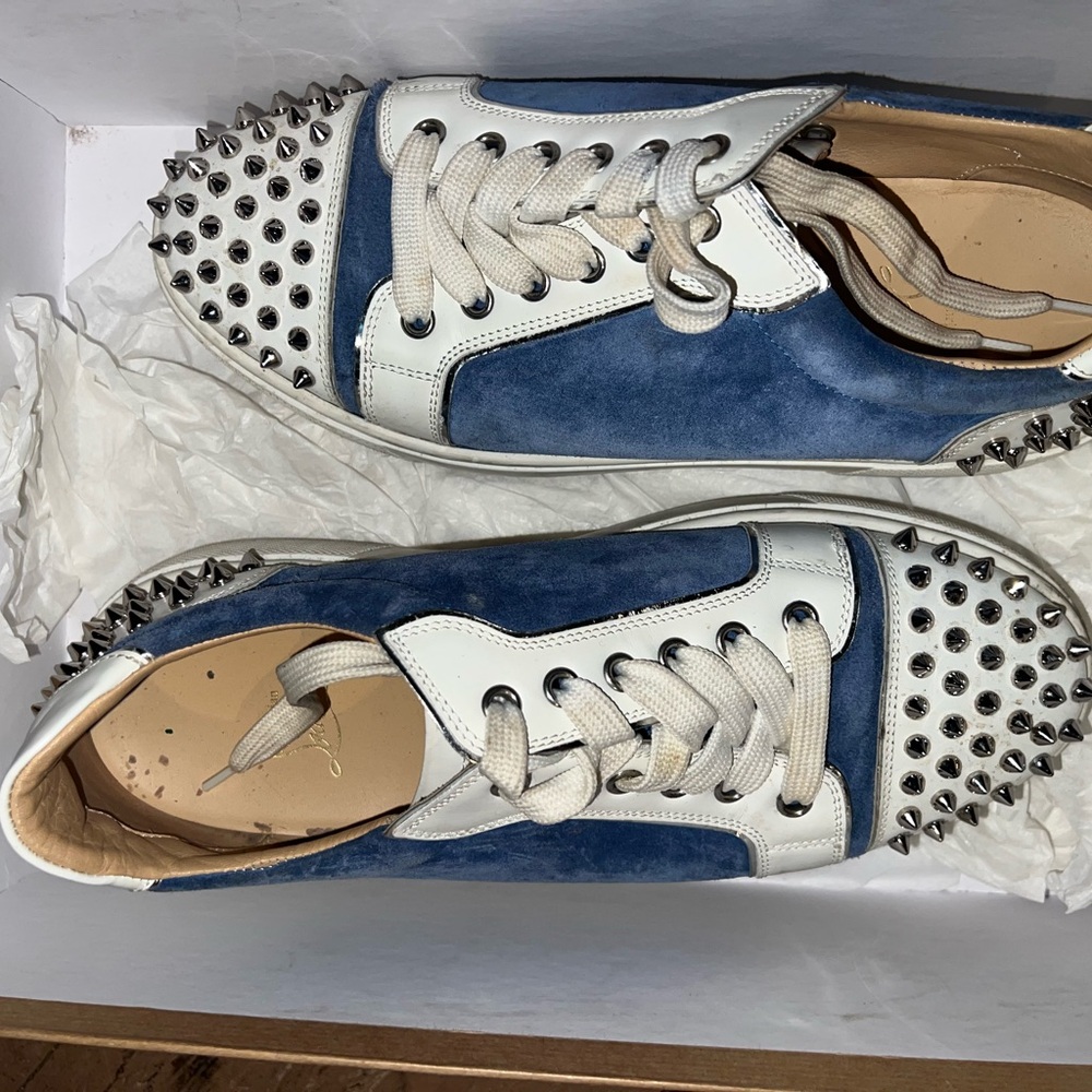 Christian Louboutin Blue and White Studded Sneakers